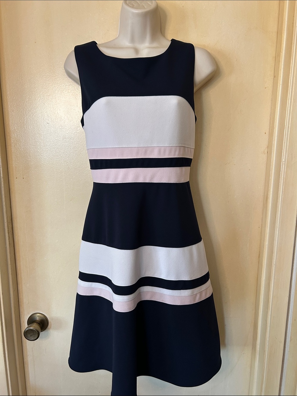 Tommy Hilfiger Navy, Beige and Blush Striped Midi Dress size 8